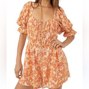 Free People Orange Floral Puff Sleeve Dress